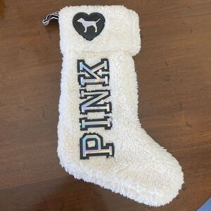 Victoria's Secret PINK Logo Faux Fur Sherpa Ivory Christmas Holiday Stocking